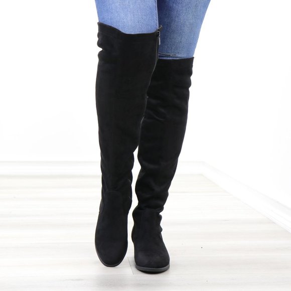 Low Heel Faux Suede Black Thigh High Boots - Picture 8 of 14